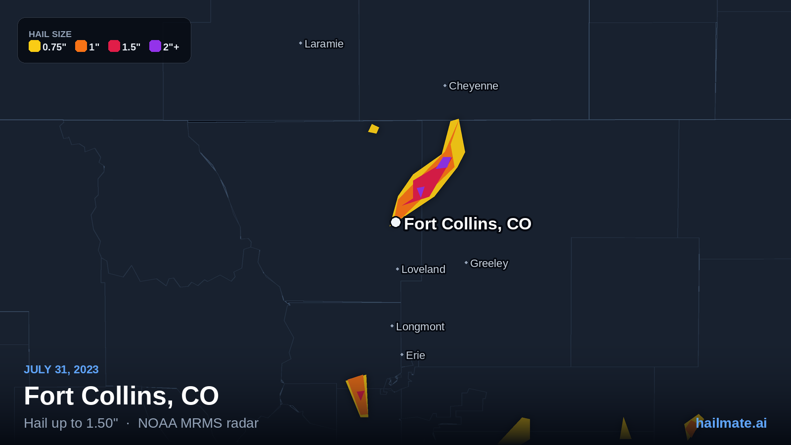 Hail swath map for Fort Collins, CO on July 31, 2023 showing 1.50 inch hail.