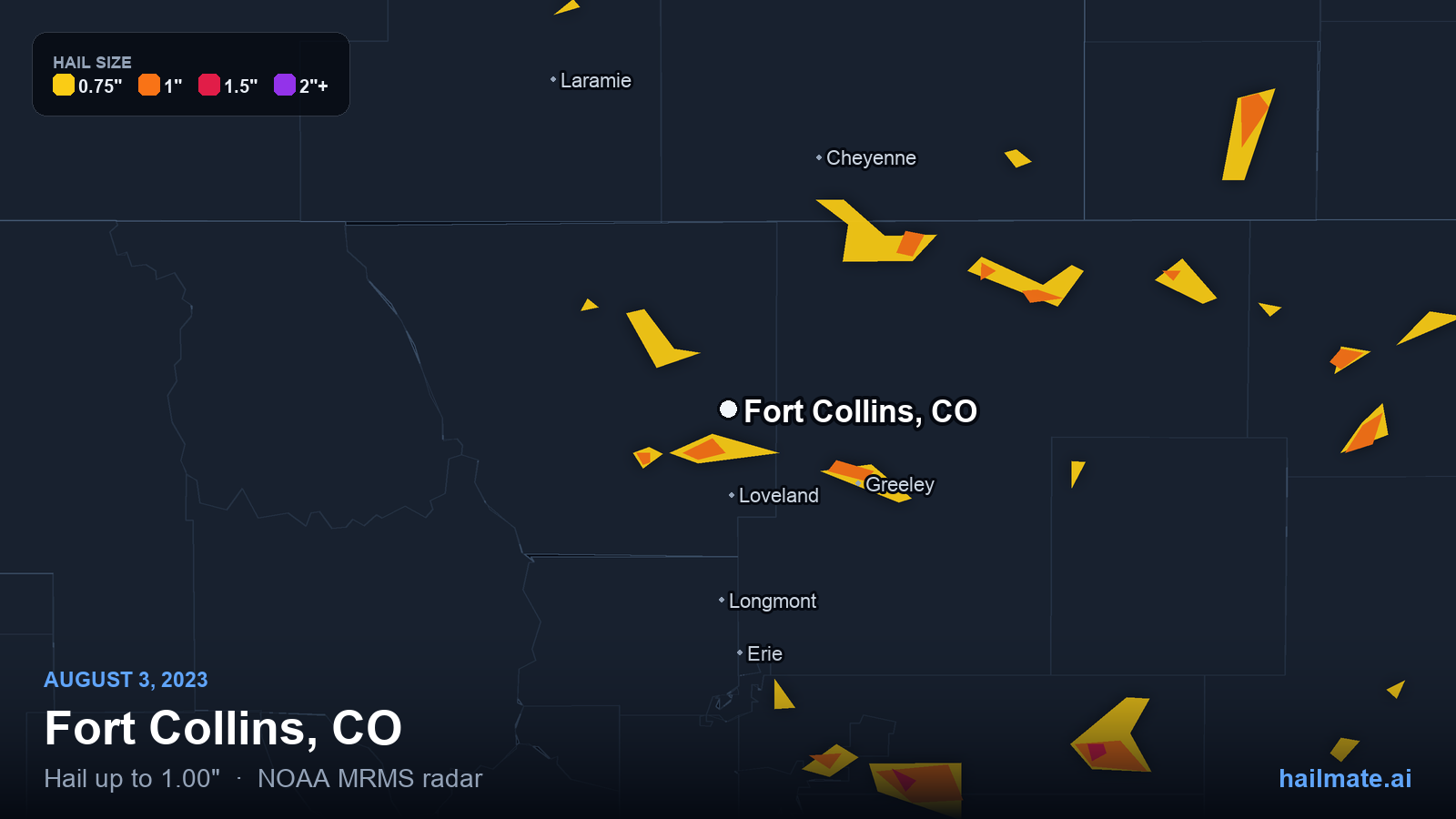 Hail swath map for Fort Collins, CO on August 3, 2023 showing 1.00 inch hail.