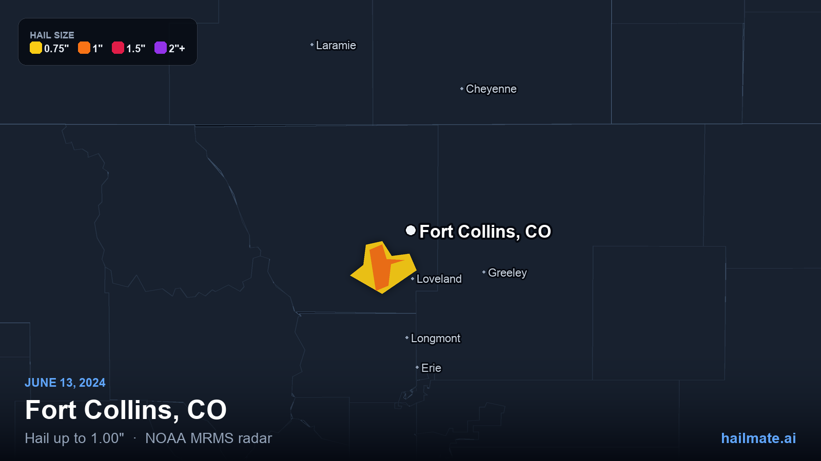 Hail swath map for Fort Collins, CO on June 13, 2024 showing 1.00 inch hail.