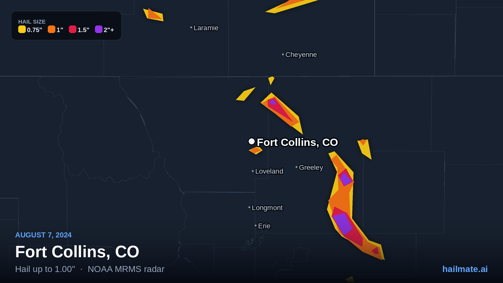 Hail swath map for Fort Collins, CO on August 7, 2024 showing 1.00 inch hail.