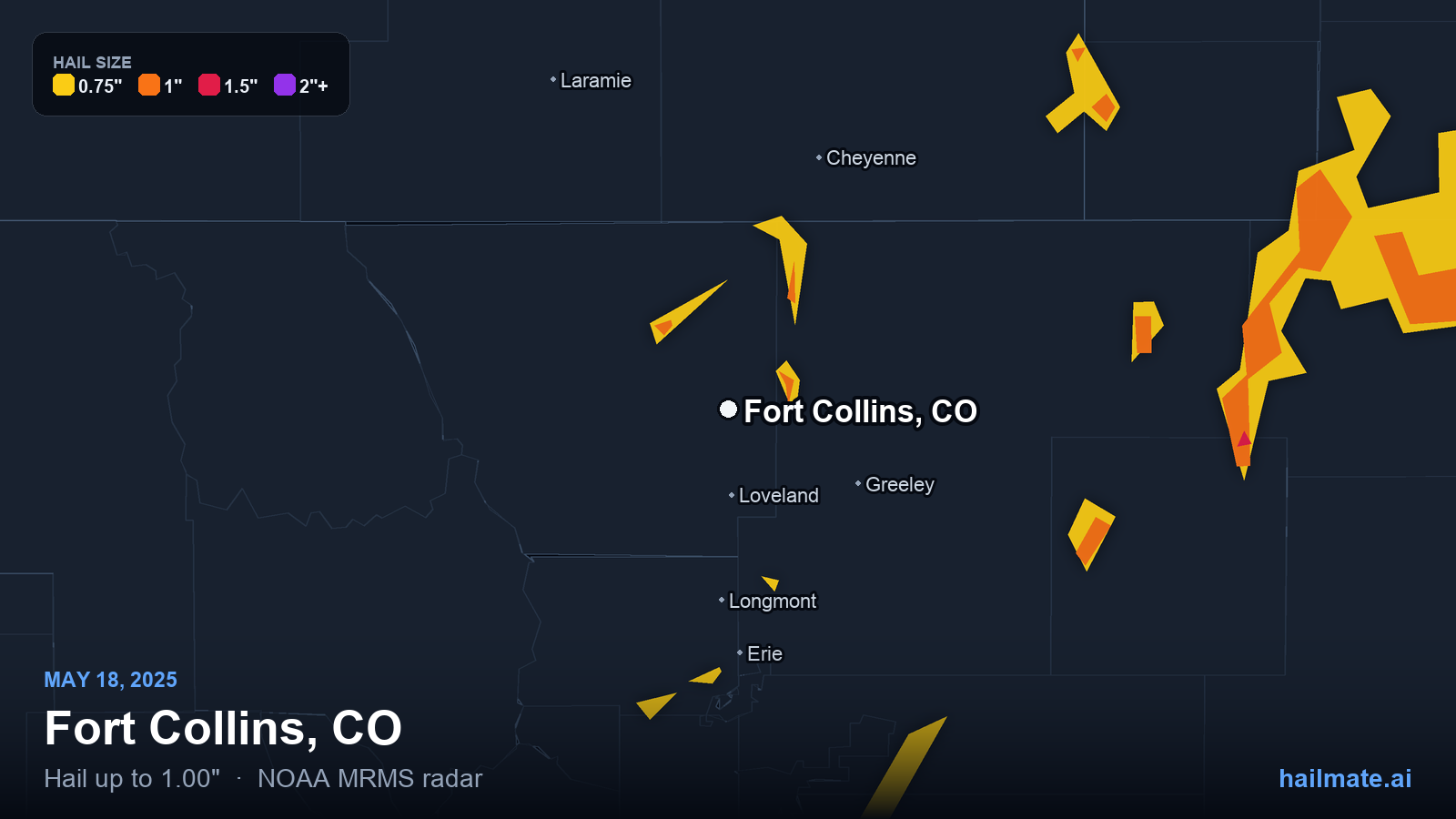 Hail swath map for Fort Collins, CO on May 18, 2025 showing 1.00 inch hail.