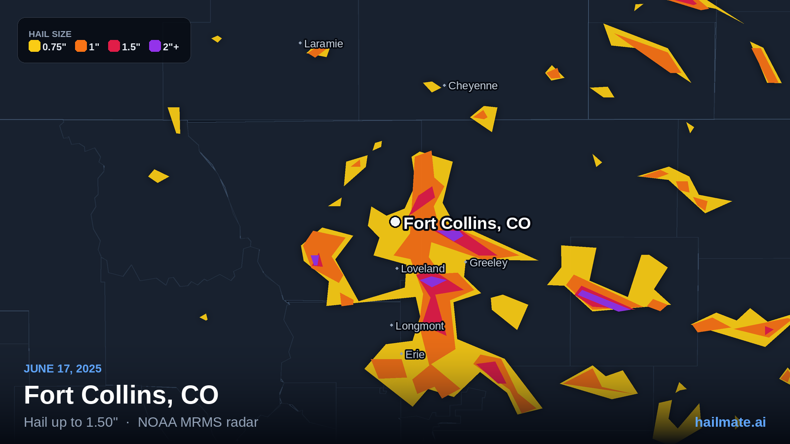 Hail swath map for Fort Collins, CO on June 17, 2025 showing 1.50 inch hail.