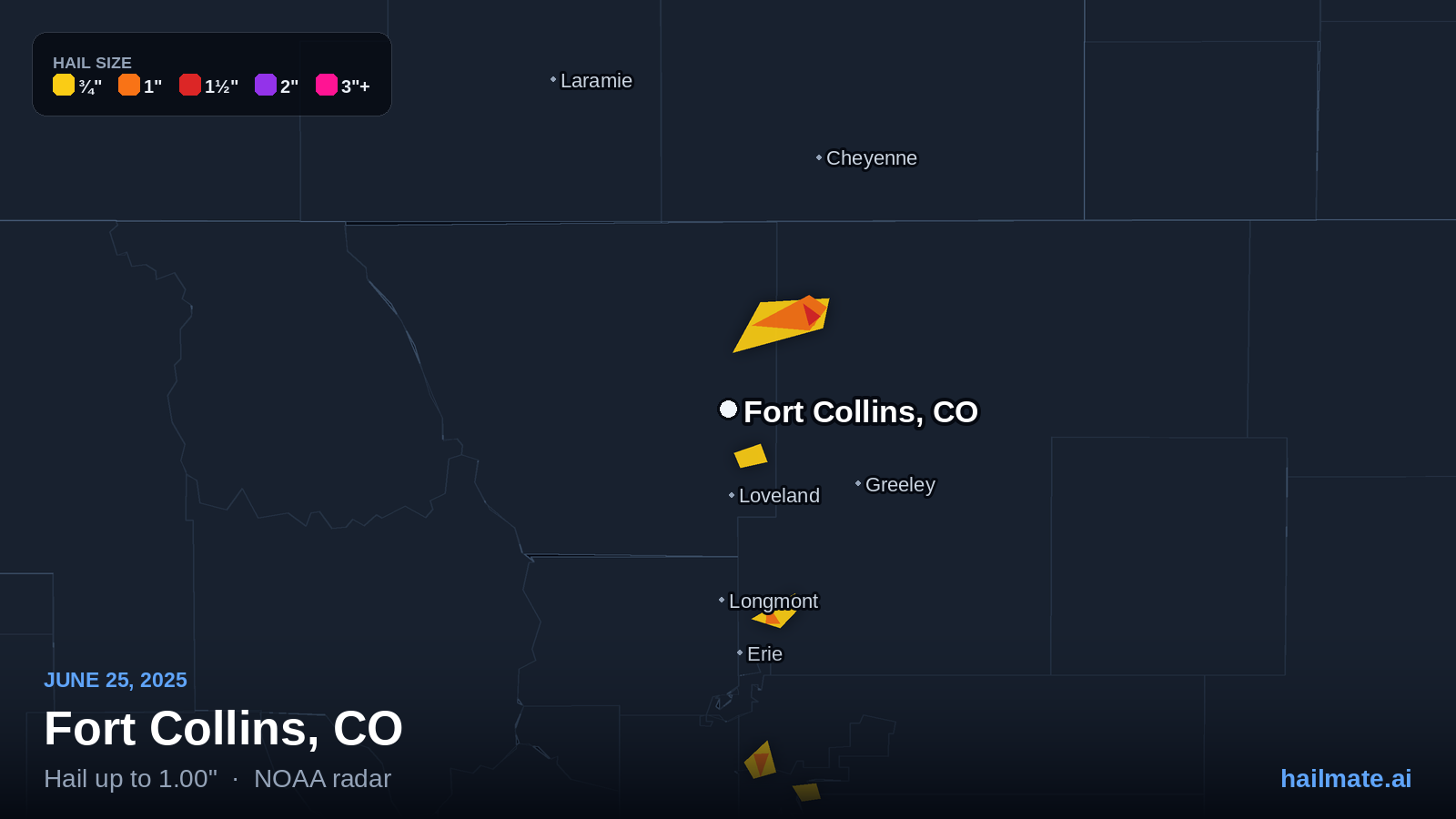 Hail swath map for Fort Collins, CO on June 25, 2025 showing 1.00 inch hail.