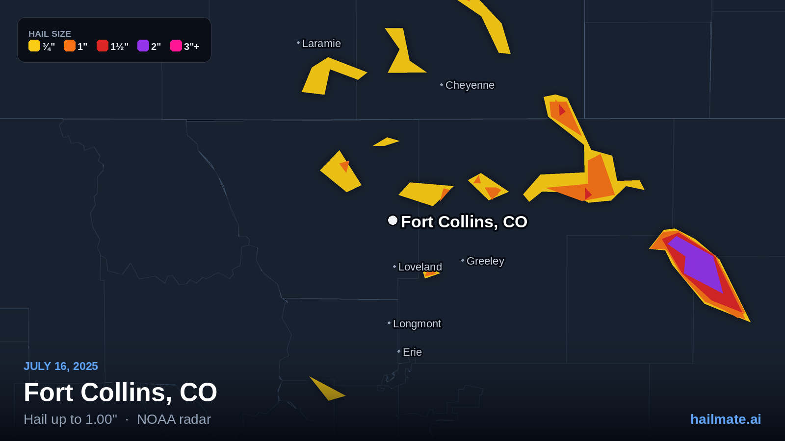 Hail swath map for Fort Collins, CO on July 16, 2025 showing 1.00 inch hail.