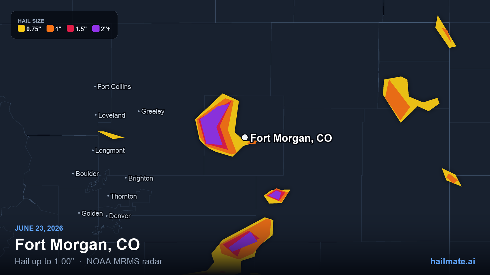 Hail swath map for Fort Morgan, CO on June 23, 2026 showing 1.00 inch hail.
