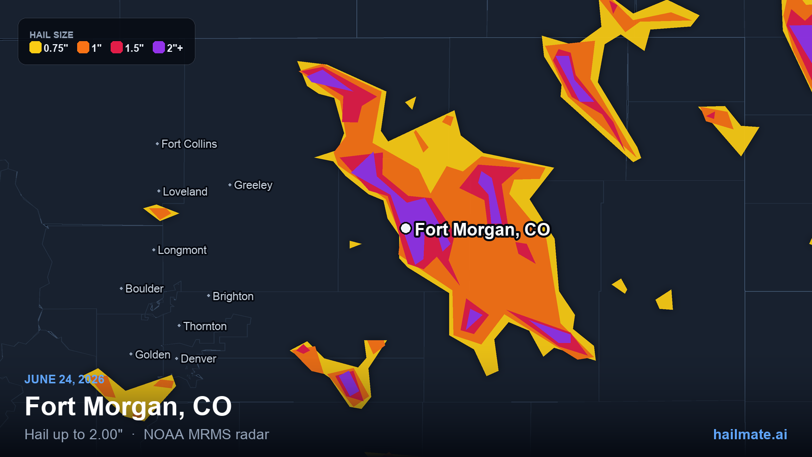 Hail swath map for Fort Morgan, CO on June 24, 2026 showing 2.00 inch hail.