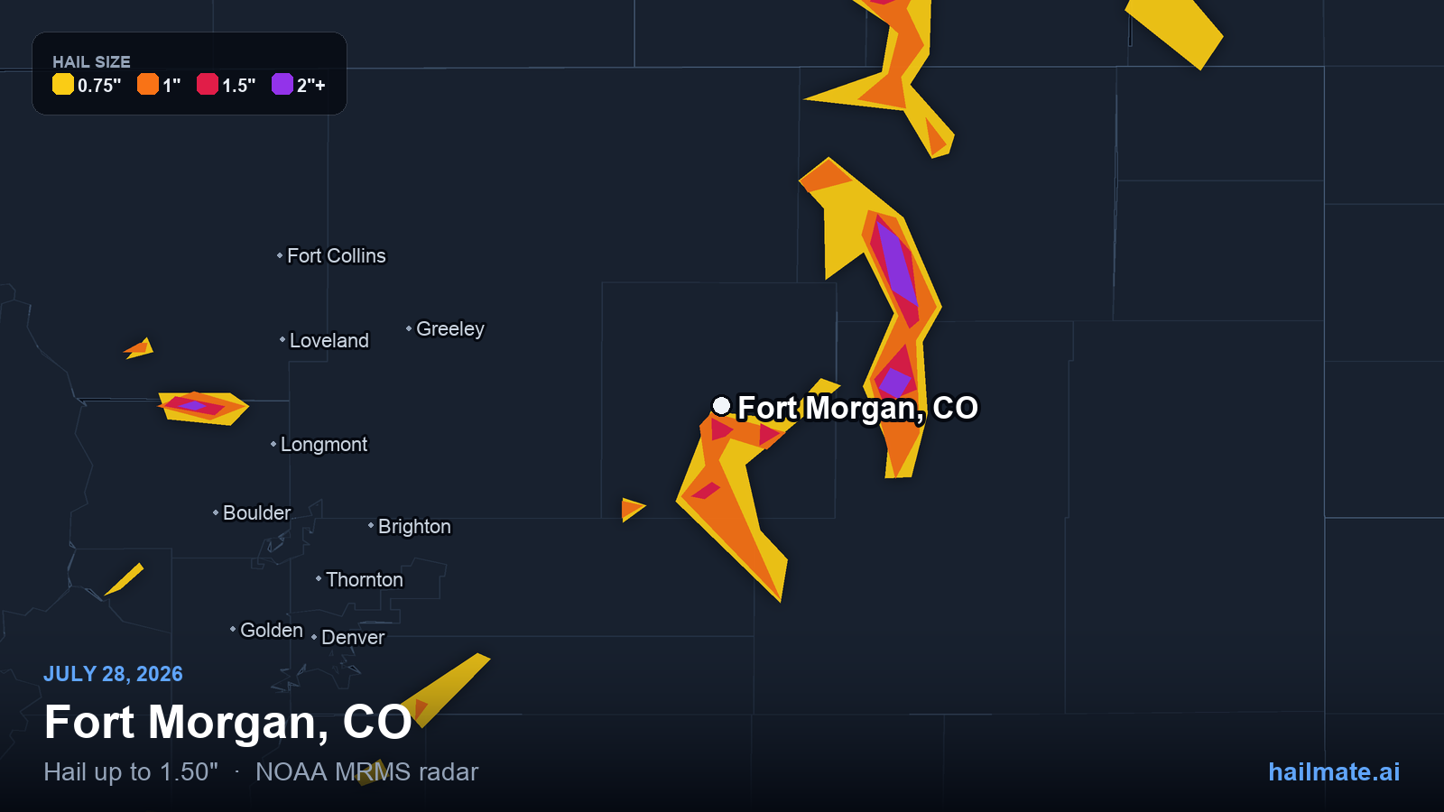Hail swath map for Fort Morgan, CO on July 28, 2026 showing 1.50 inch hail.