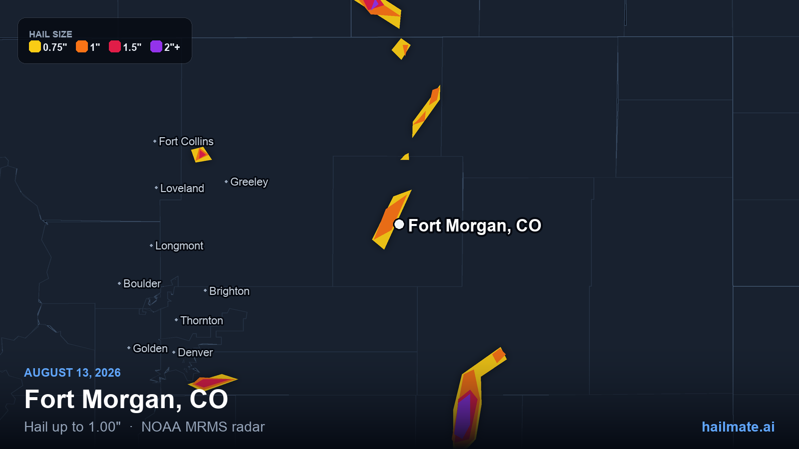 Hail swath map for Fort Morgan, CO on August 13, 2026 showing 1.00 inch hail.