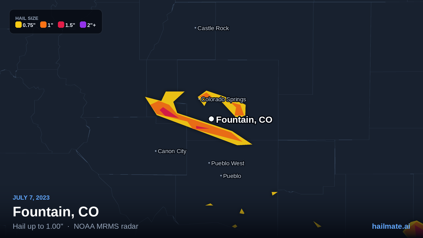 Hail swath map for Fountain, CO on July 7, 2023 showing 1.00 inch hail.