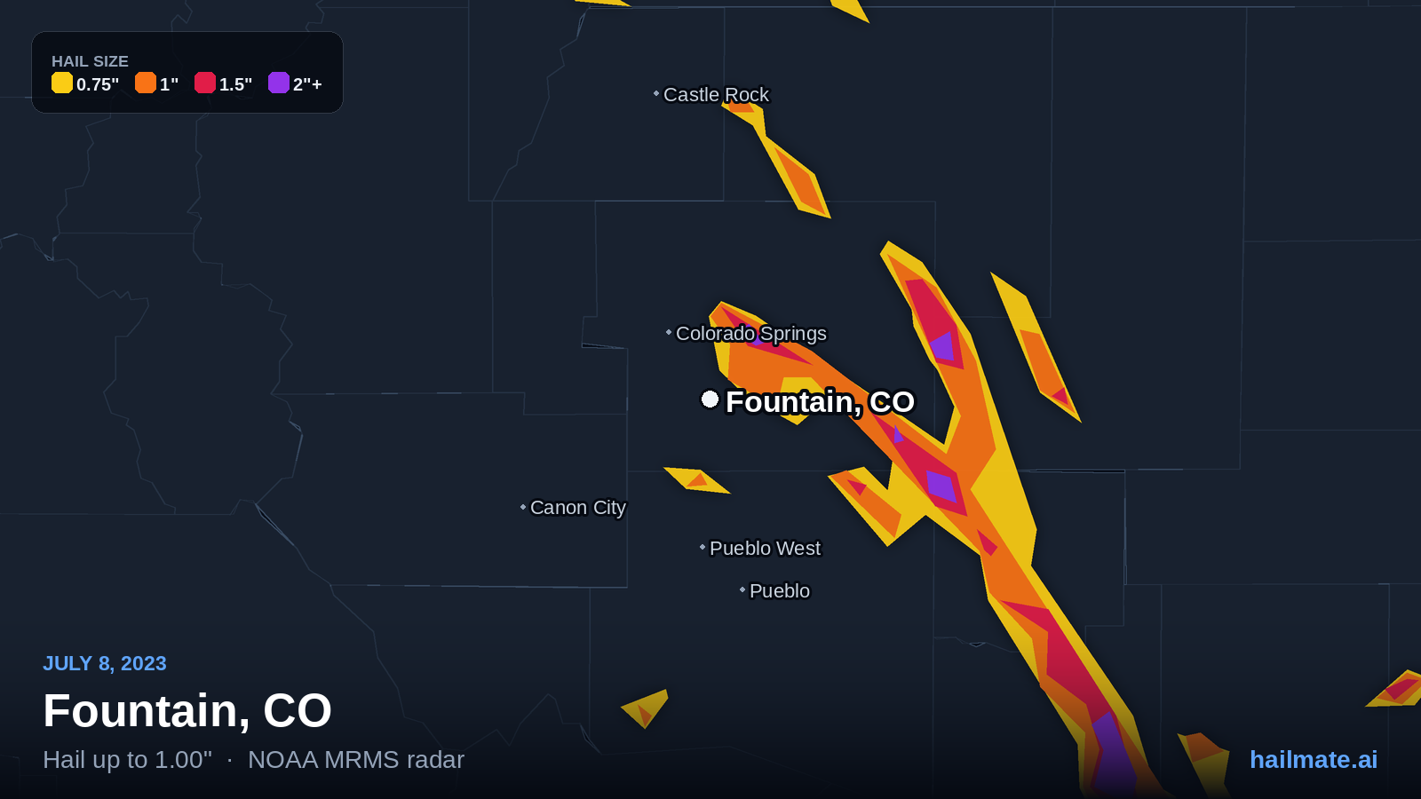 Hail swath map for Fountain, CO on July 8, 2023 showing 1.00 inch hail.