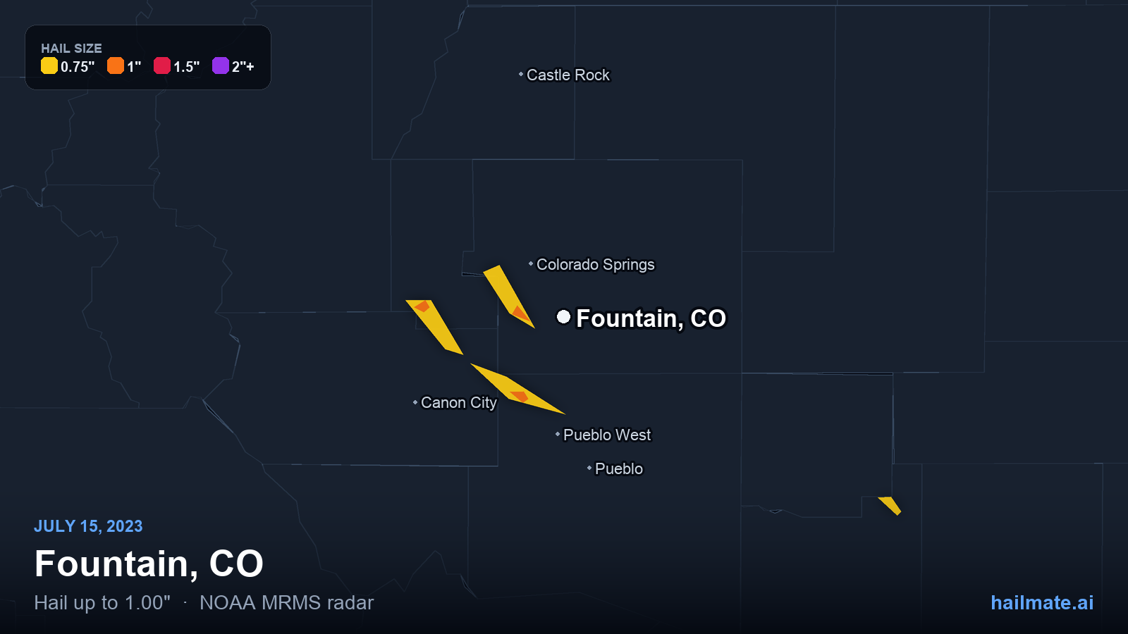 Hail swath map for Fountain, CO on July 15, 2023 showing 1.00 inch hail.