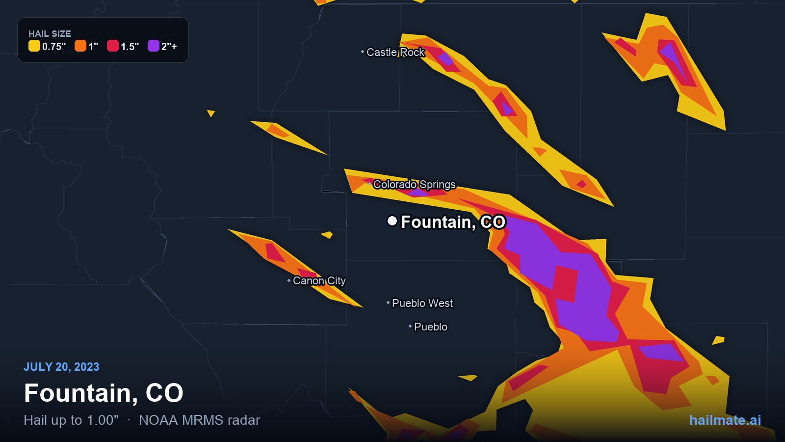 Hail swath map for Fountain, CO on July 20, 2023 showing 1.00 inch hail.