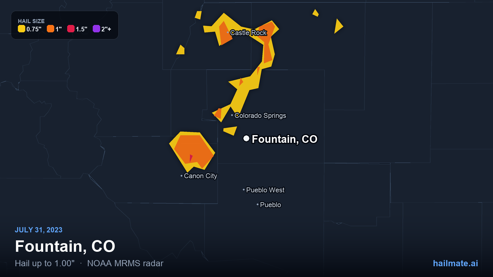 Hail swath map for Fountain, CO on July 31, 2023 showing 1.00 inch hail.