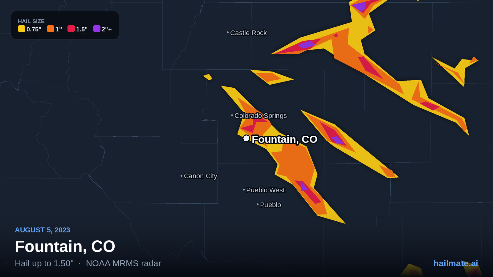 Hail swath map for Fountain, CO on August 5, 2023 showing 1.50 inch hail.