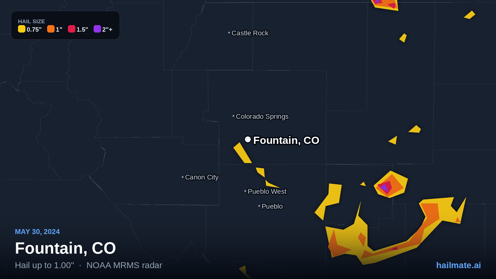 Hail swath map for Fountain, CO on May 30, 2024 showing 1.00 inch hail.