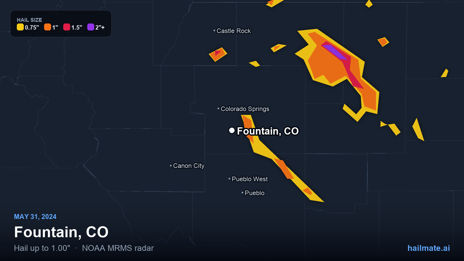 Hail swath map for Fountain, CO on May 31, 2024 showing 1.00 inch hail.