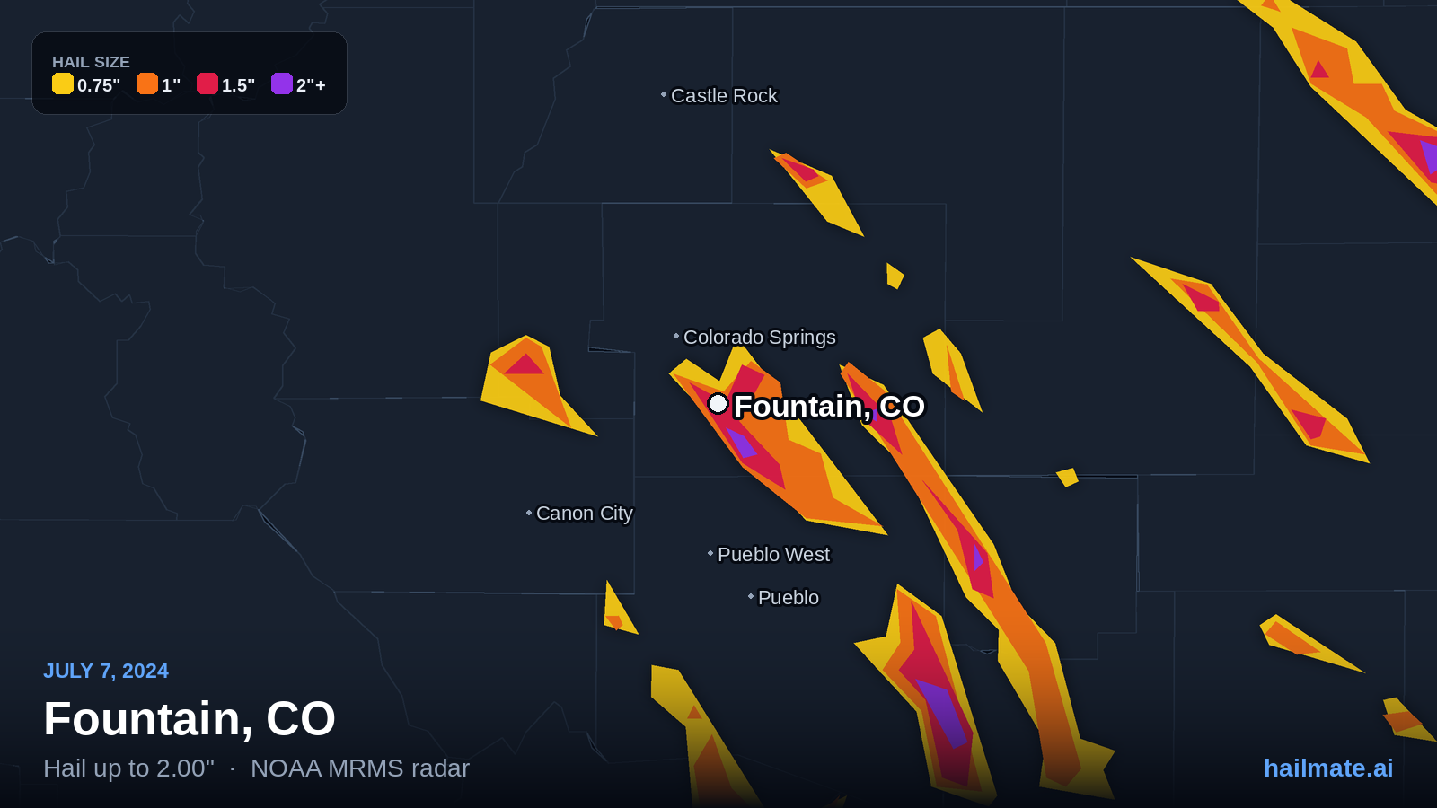 Hail swath map for Fountain, CO on July 7, 2024 showing 2.00 inch hail.