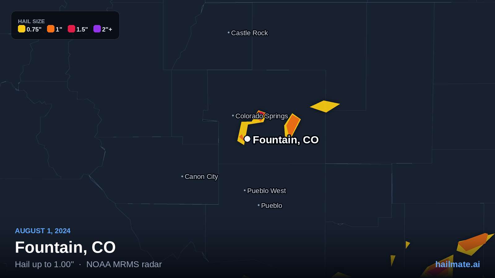 Hail swath map for Fountain, CO on August 1, 2024 showing 1.00 inch hail.