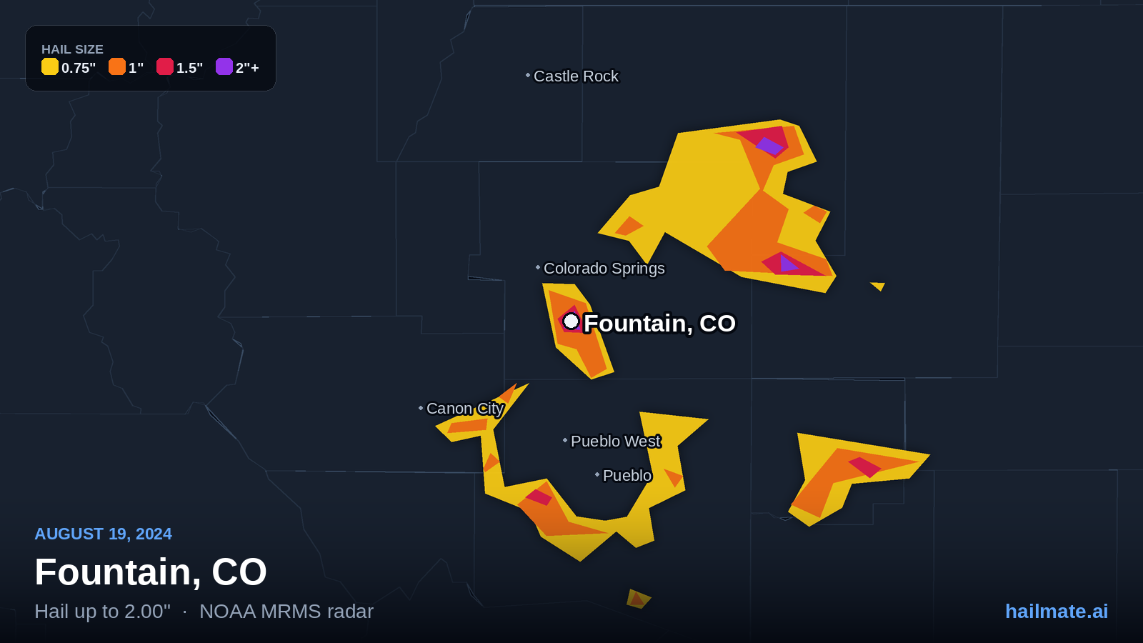 Hail swath map for Fountain, CO on August 19, 2024 showing 2.00 inch hail.