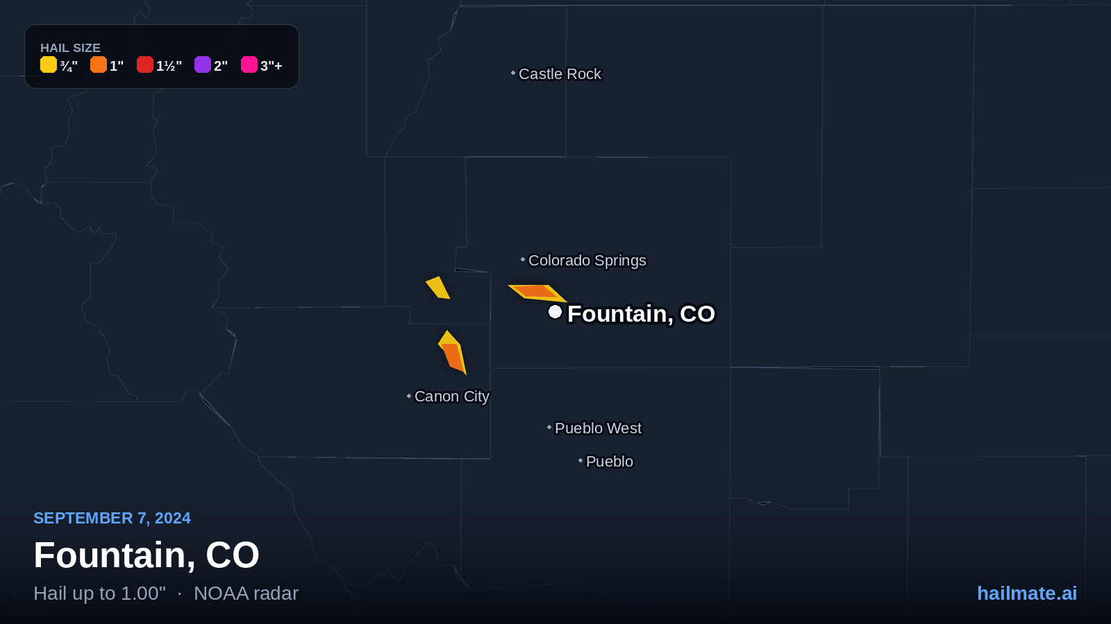 Hail swath map for Fountain, CO on September 7, 2024 showing 1.00 inch hail.