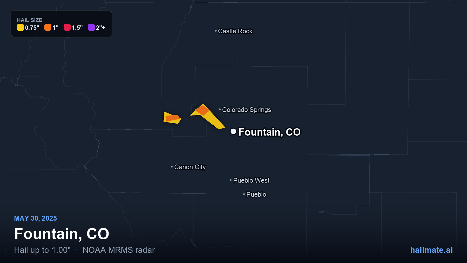 Hail swath map for Fountain, CO on May 30, 2025 showing 1.00 inch hail.