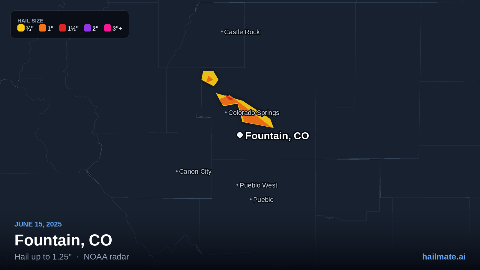 Hail swath map for Fountain, CO on June 15, 2025 showing 1.25 inch hail.
