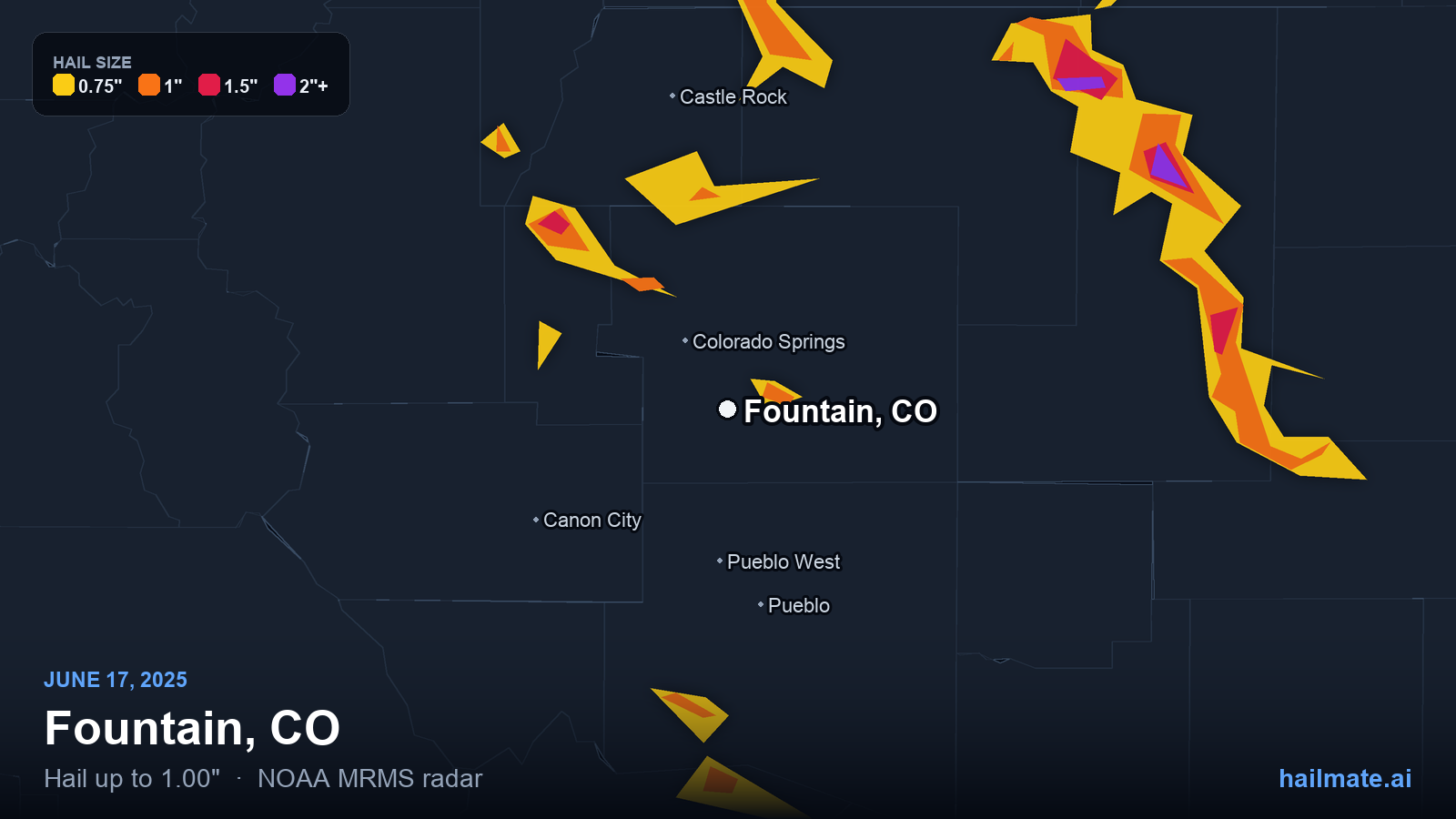 Hail swath map for Fountain, CO on June 17, 2025 showing 1.00 inch hail.