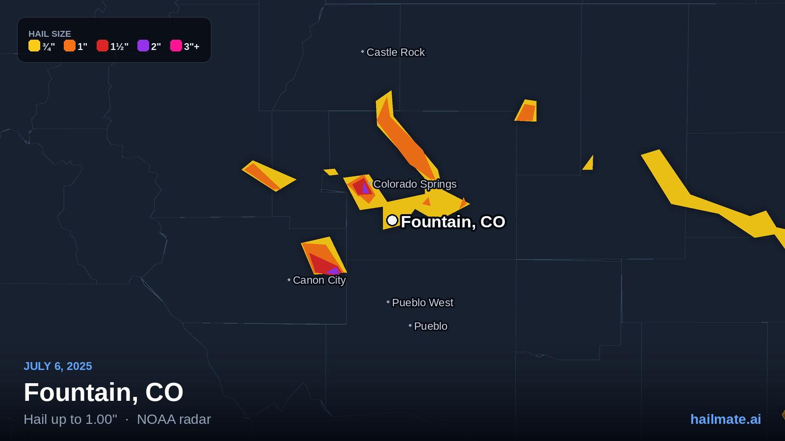 Hail swath map for Fountain, CO on July 6, 2025 showing 1.00 inch hail.