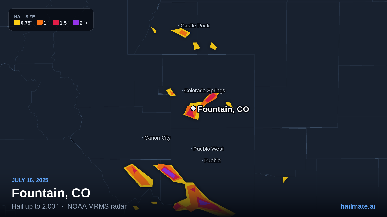 Hail swath map for Fountain, CO on July 16, 2025 showing 2.00 inch hail.