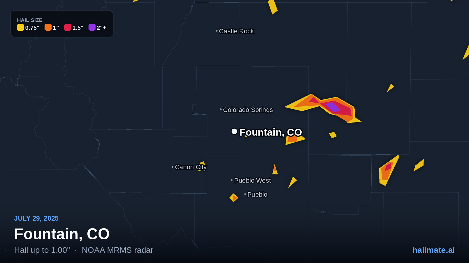 Hail swath map for Fountain, CO on July 29, 2025 showing 1.00 inch hail.