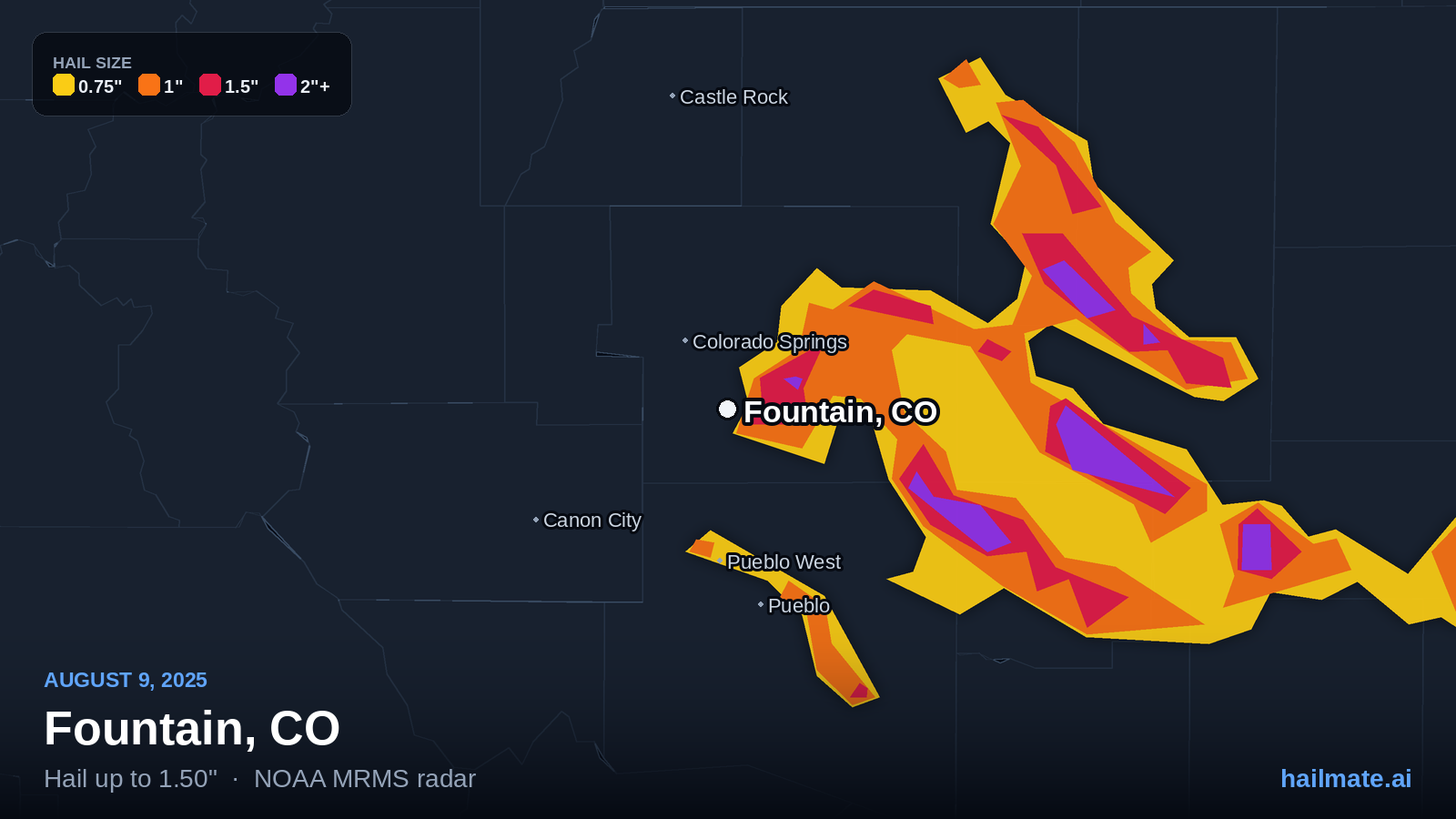 Hail swath map for Fountain, CO on August 9, 2025 showing 1.50 inch hail.