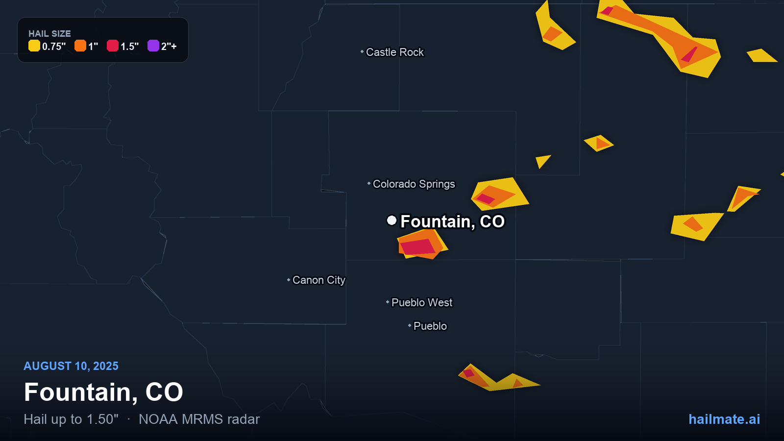 Hail swath map for Fountain, CO on August 10, 2025 showing 1.50 inch hail.