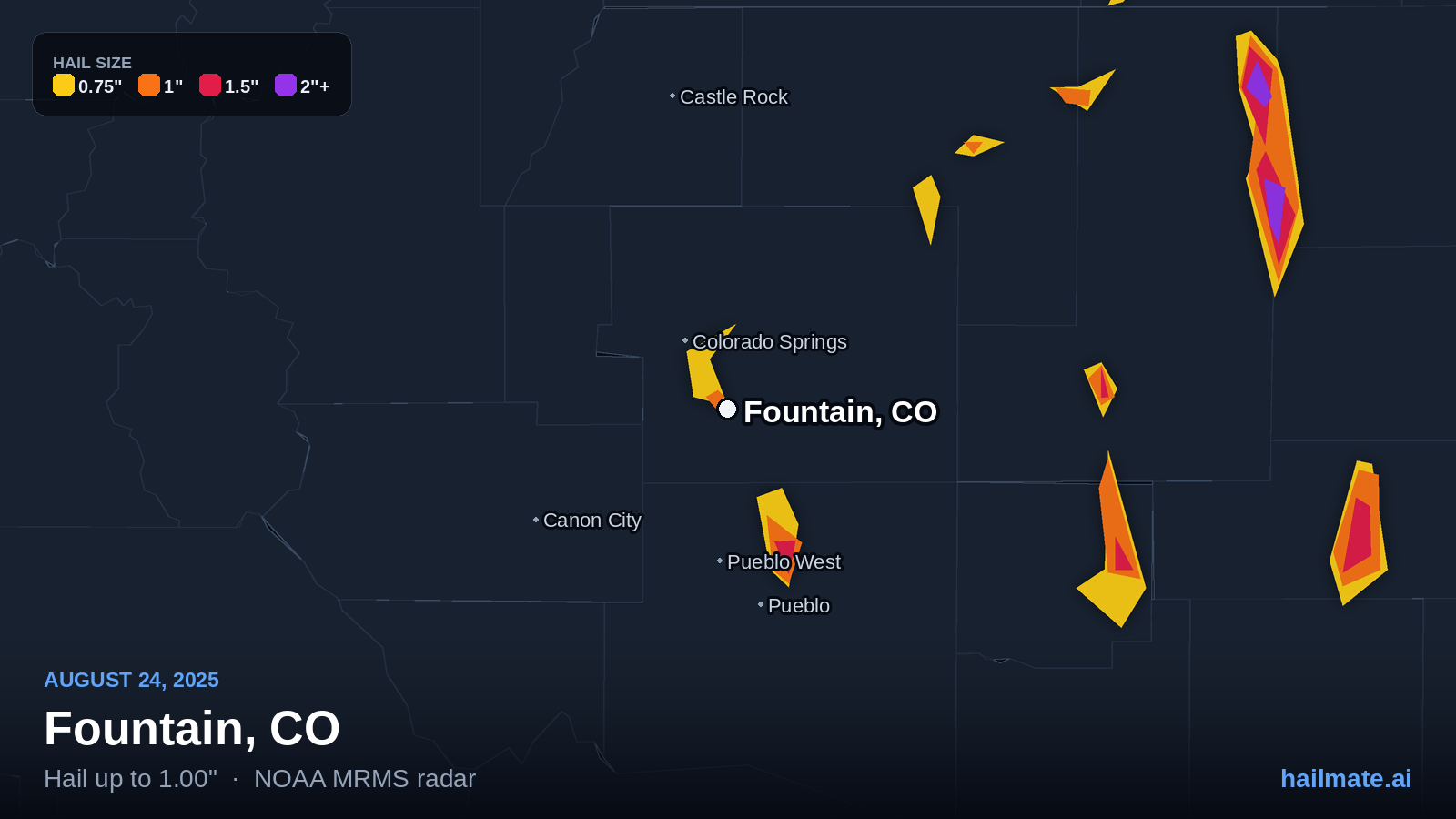 Hail swath map for Fountain, CO on August 24, 2025 showing 1.00 inch hail.