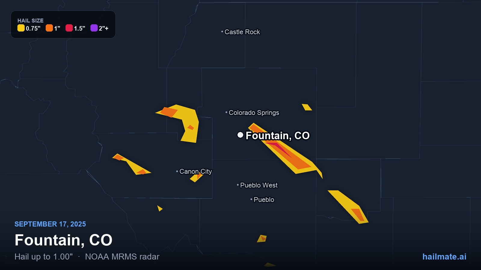 Hail swath map for Fountain, CO on September 17, 2025 showing 1.00 inch hail.
