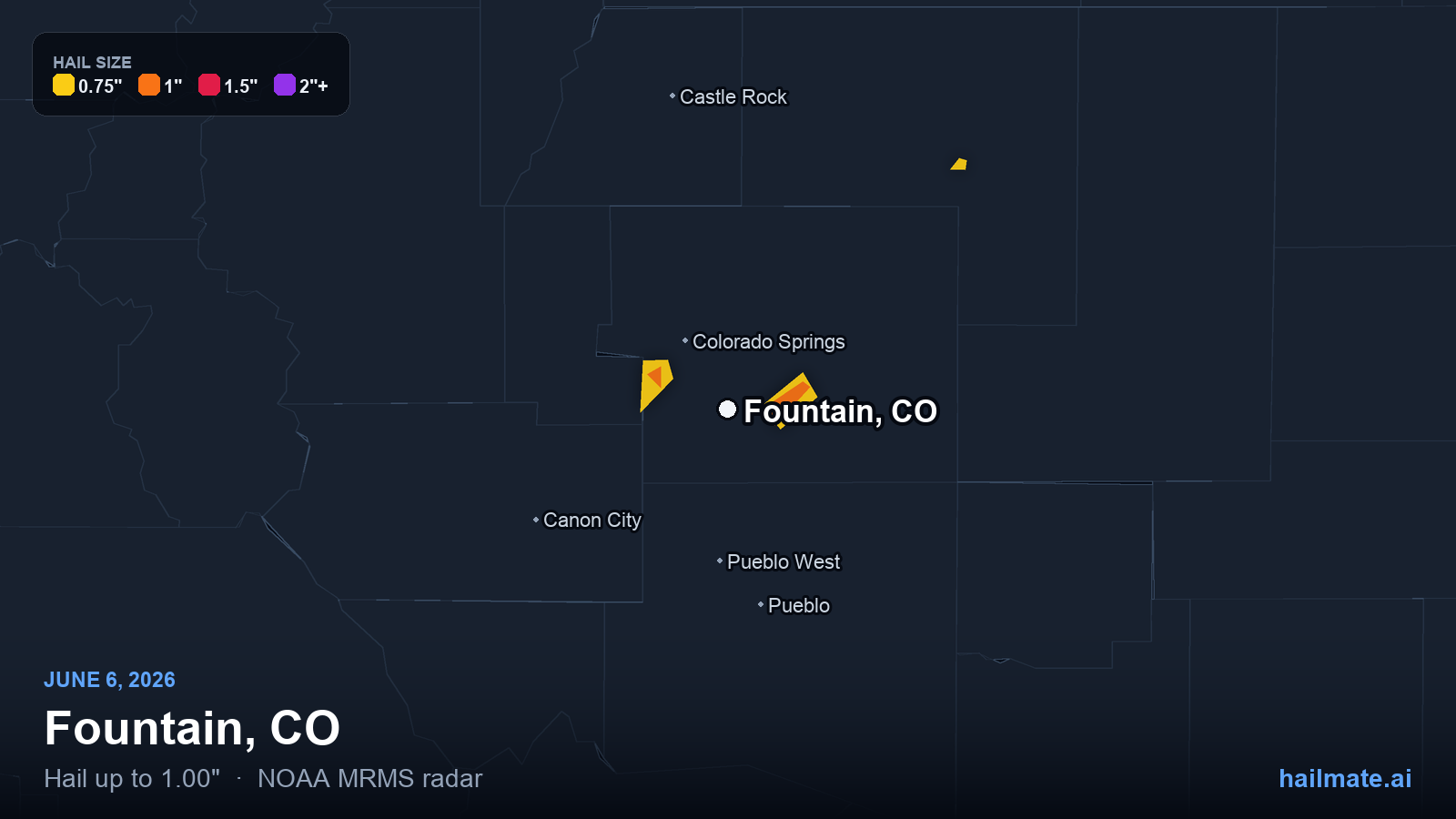 Hail swath map for Fountain, CO on June 6, 2026 showing 1.00 inch hail.
