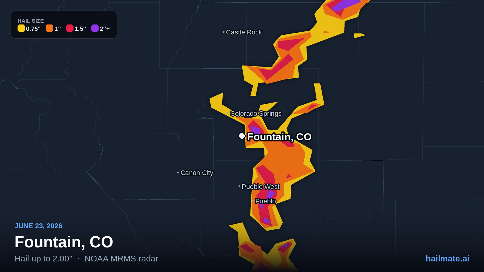 Hail swath map for Fountain, CO on June 23, 2026 showing 2.00 inch hail.
