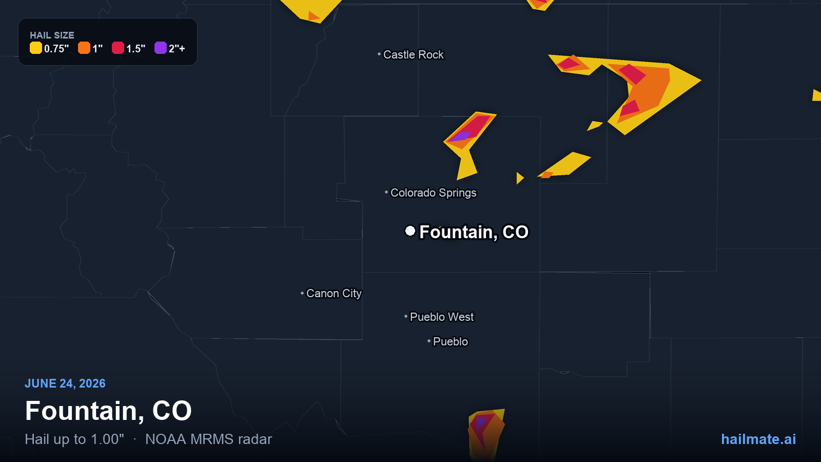 Hail swath map for Fountain, CO on June 24, 2026 showing 1.00 inch hail.