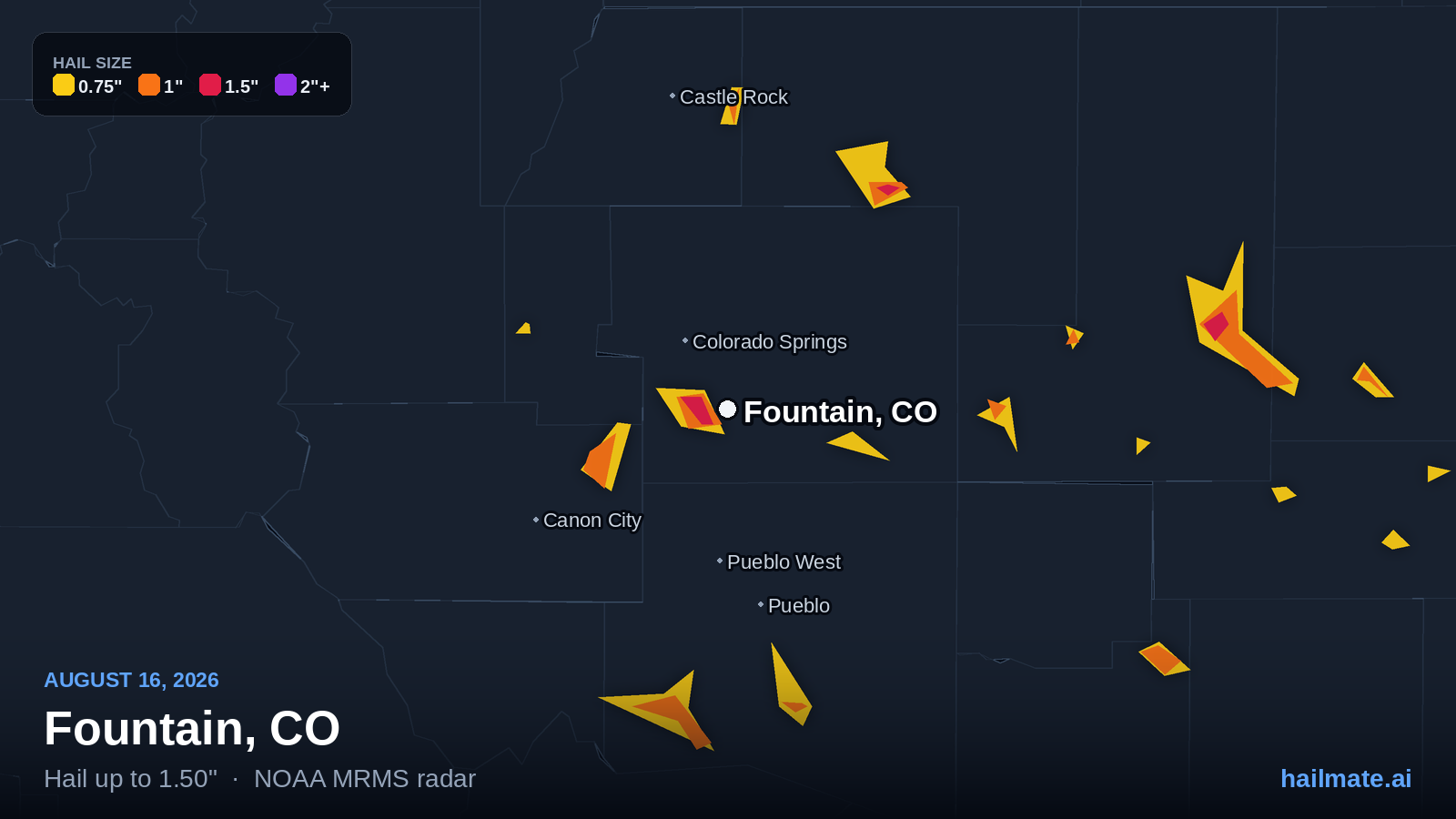 Hail swath map for Fountain, CO on August 16, 2026 showing 1.50 inch hail.