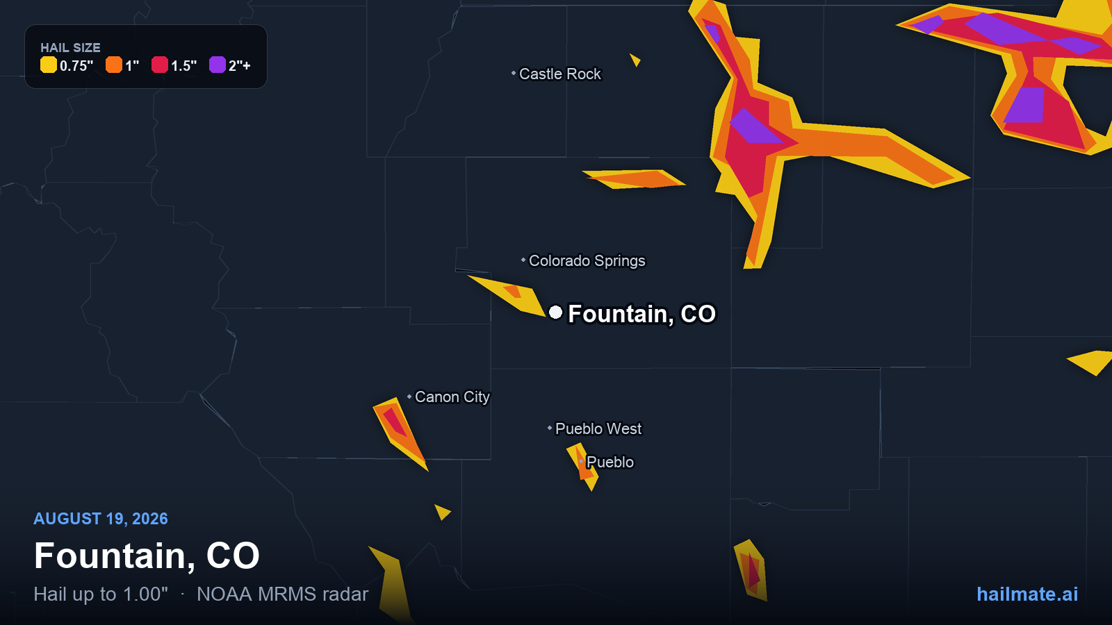 Hail swath map for Fountain, CO on August 19, 2026 showing 1.00 inch hail.