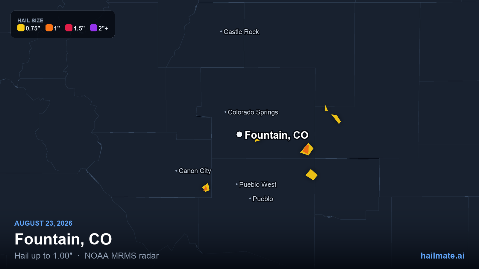 Hail swath map for Fountain, CO on August 23, 2026 showing 1.00 inch hail.