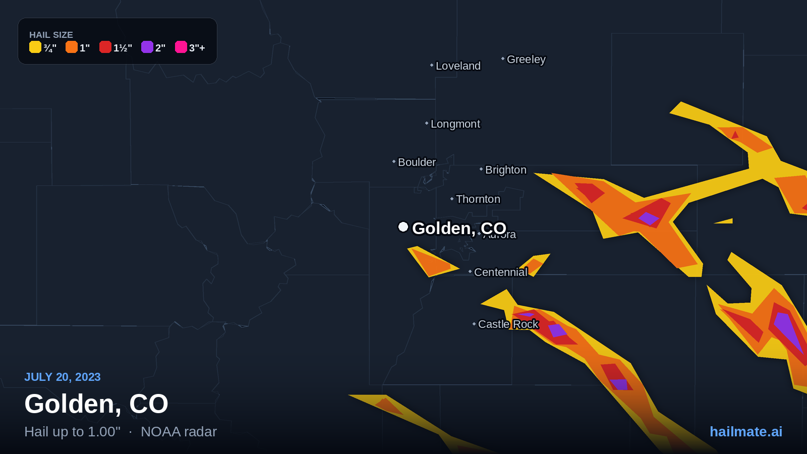 Hail swath map for Golden, CO on July 20, 2023 showing 1.00 inch hail.