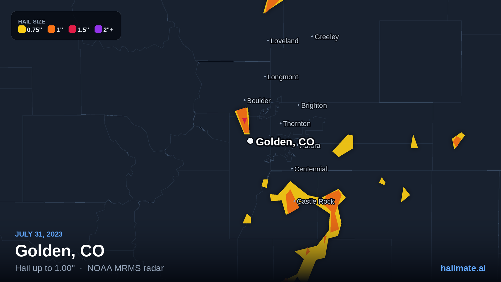 Hail swath map for Golden, CO on July 31, 2023 showing 1.00 inch hail.