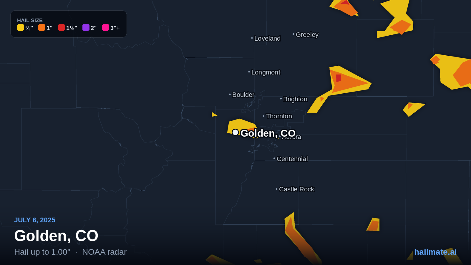 Hail swath map for Golden, CO on July 6, 2025 showing 1.00 inch hail.