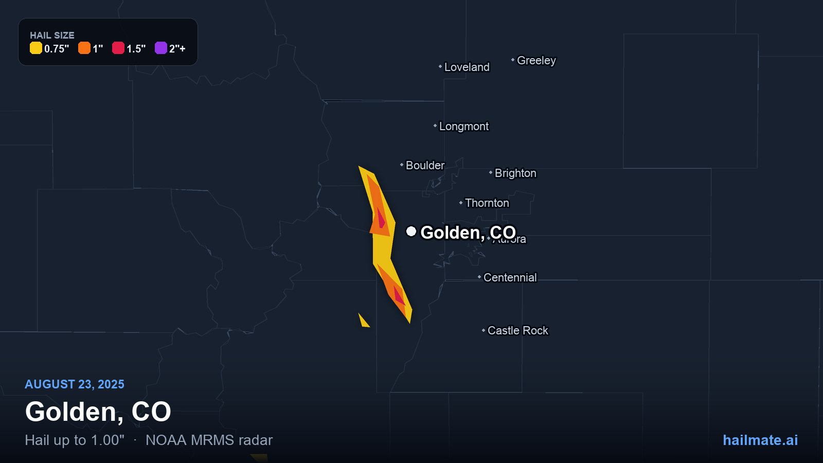 Hail swath map for Golden, CO on August 23, 2025 showing 1.00 inch hail.