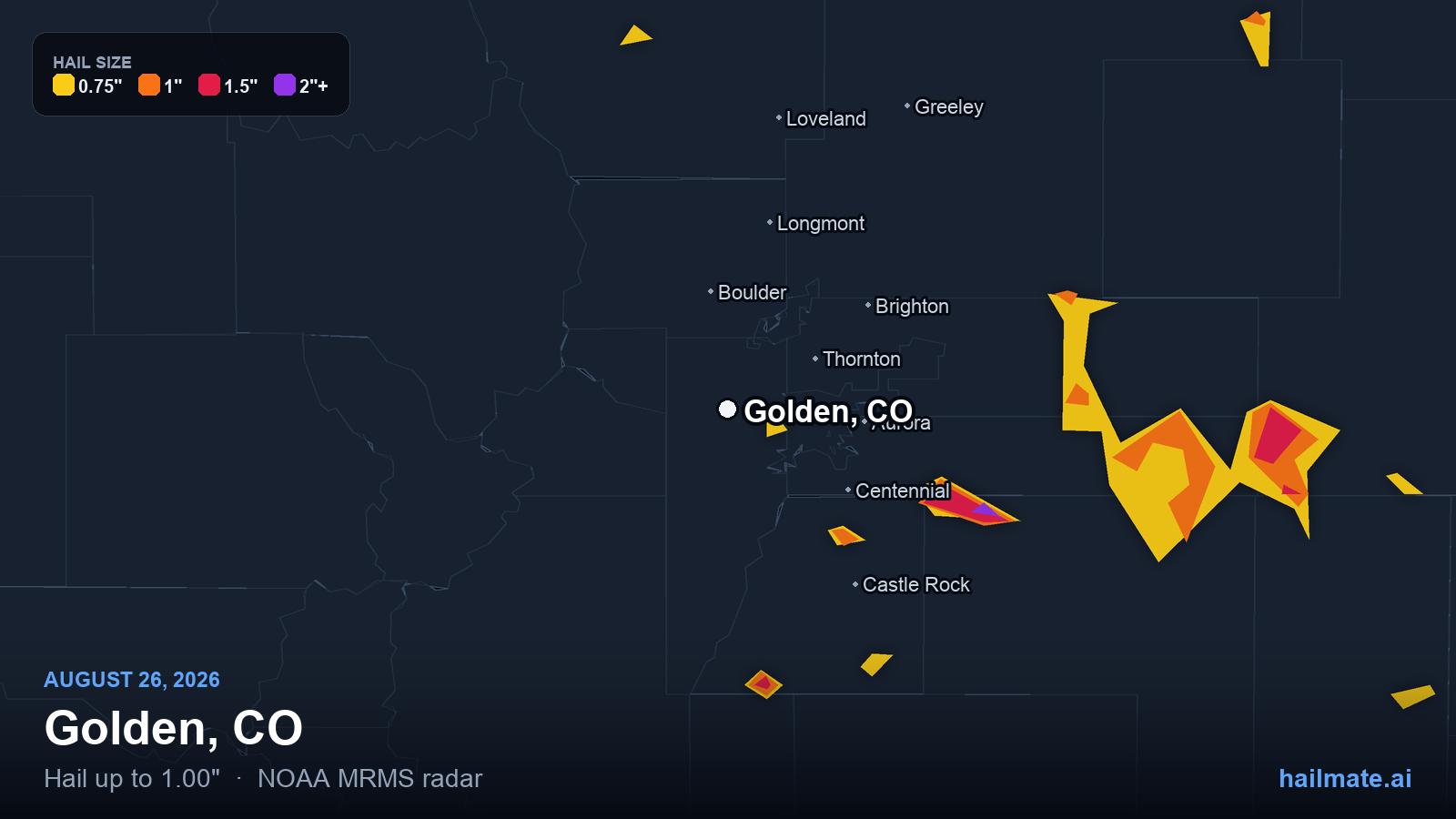 Hail swath map for Golden, CO on August 26, 2026 showing 1.00 inch hail.