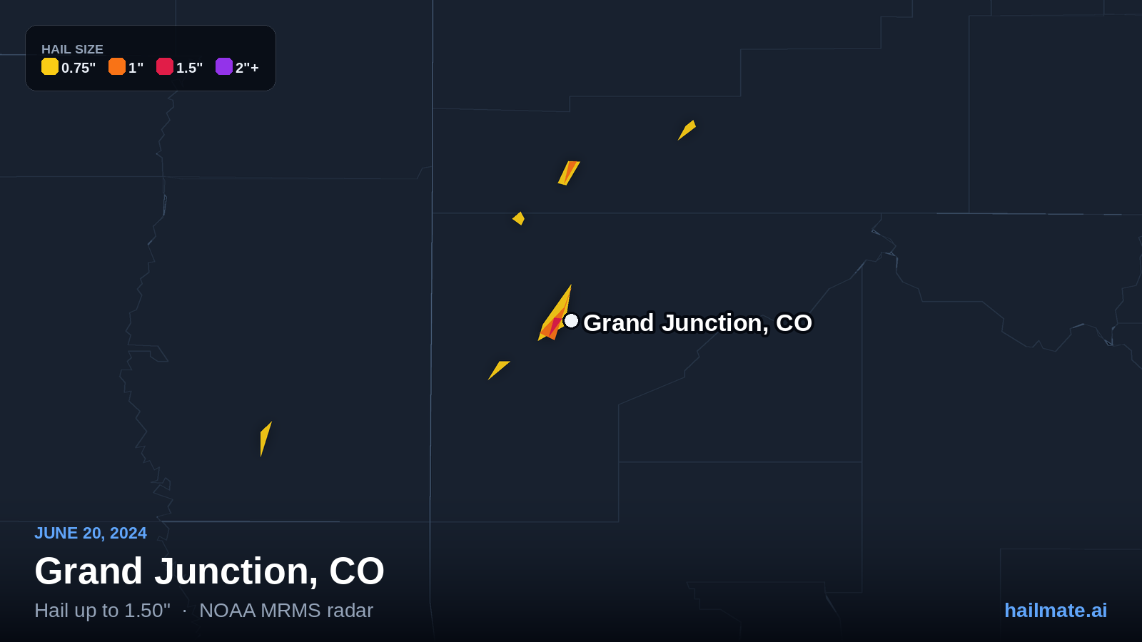 Hail swath map for Grand Junction, CO on June 20, 2024 showing 1.50 inch hail.