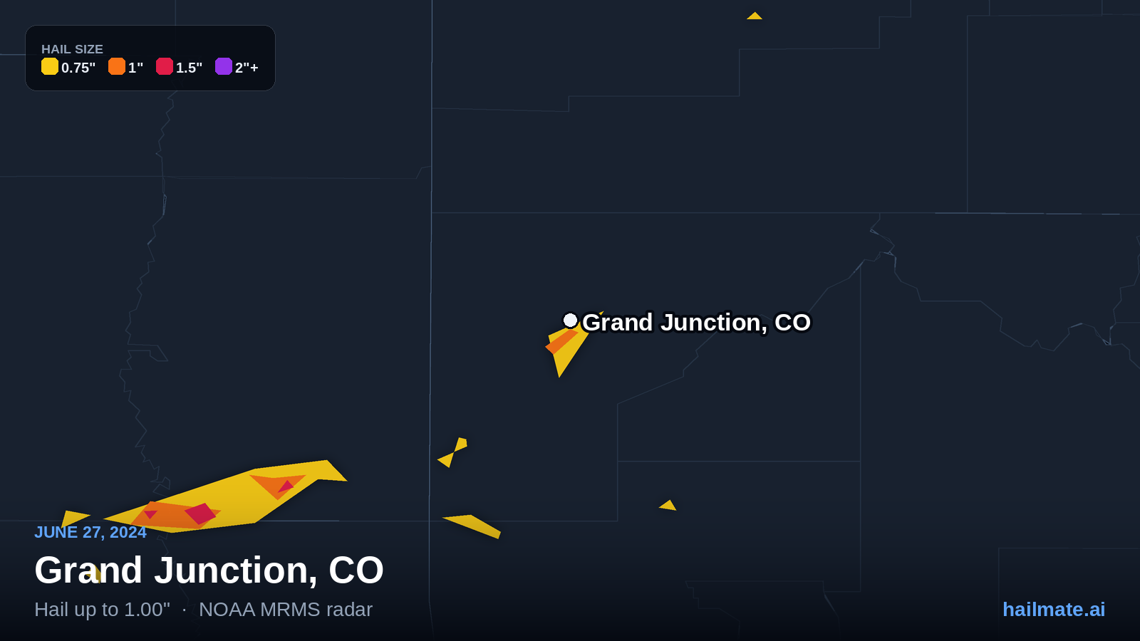 Hail swath map for Grand Junction, CO on June 27, 2024 showing 1.00 inch hail.