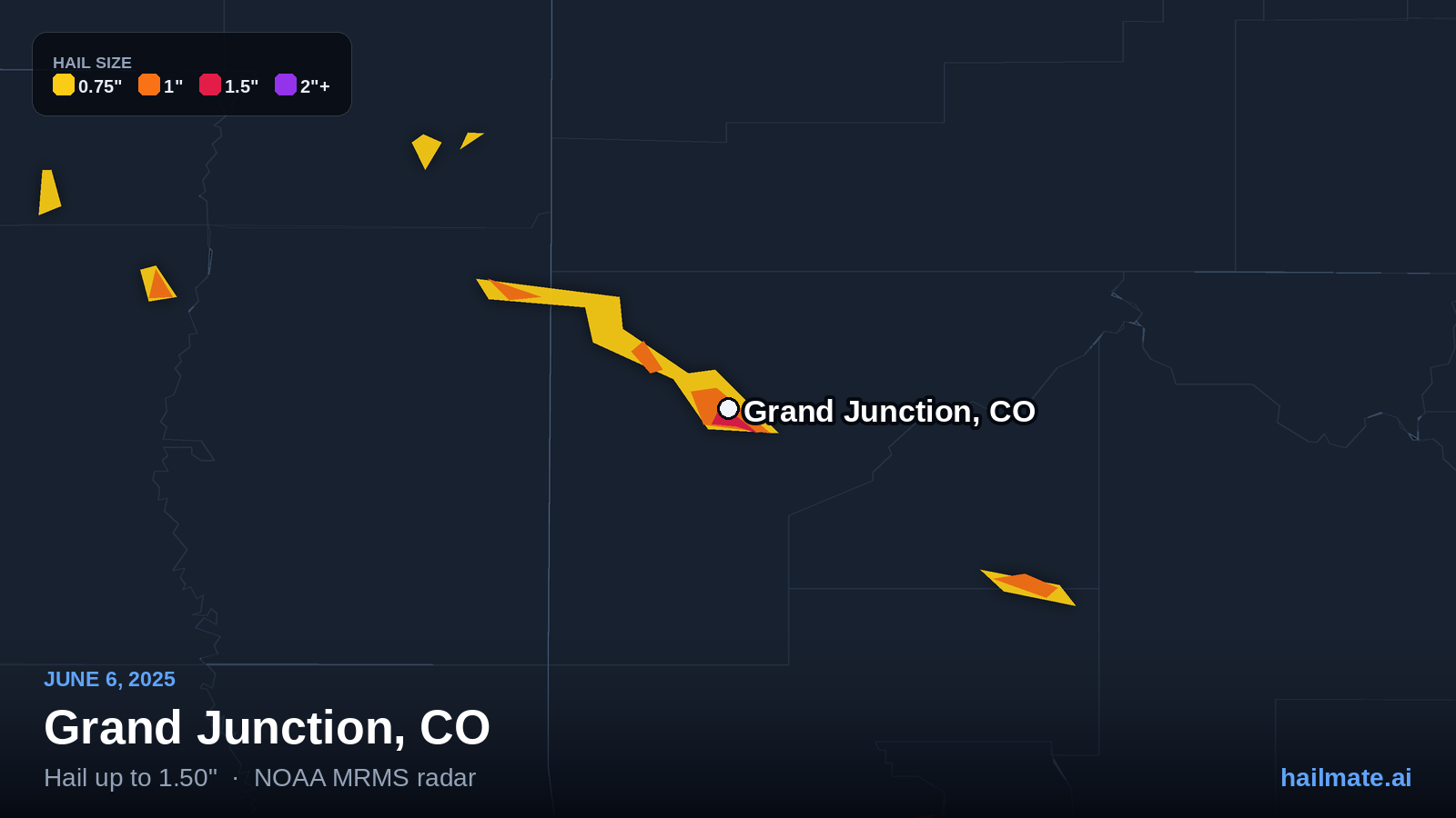 Hail swath map for Grand Junction, CO on June 6, 2025 showing 1.50 inch hail.