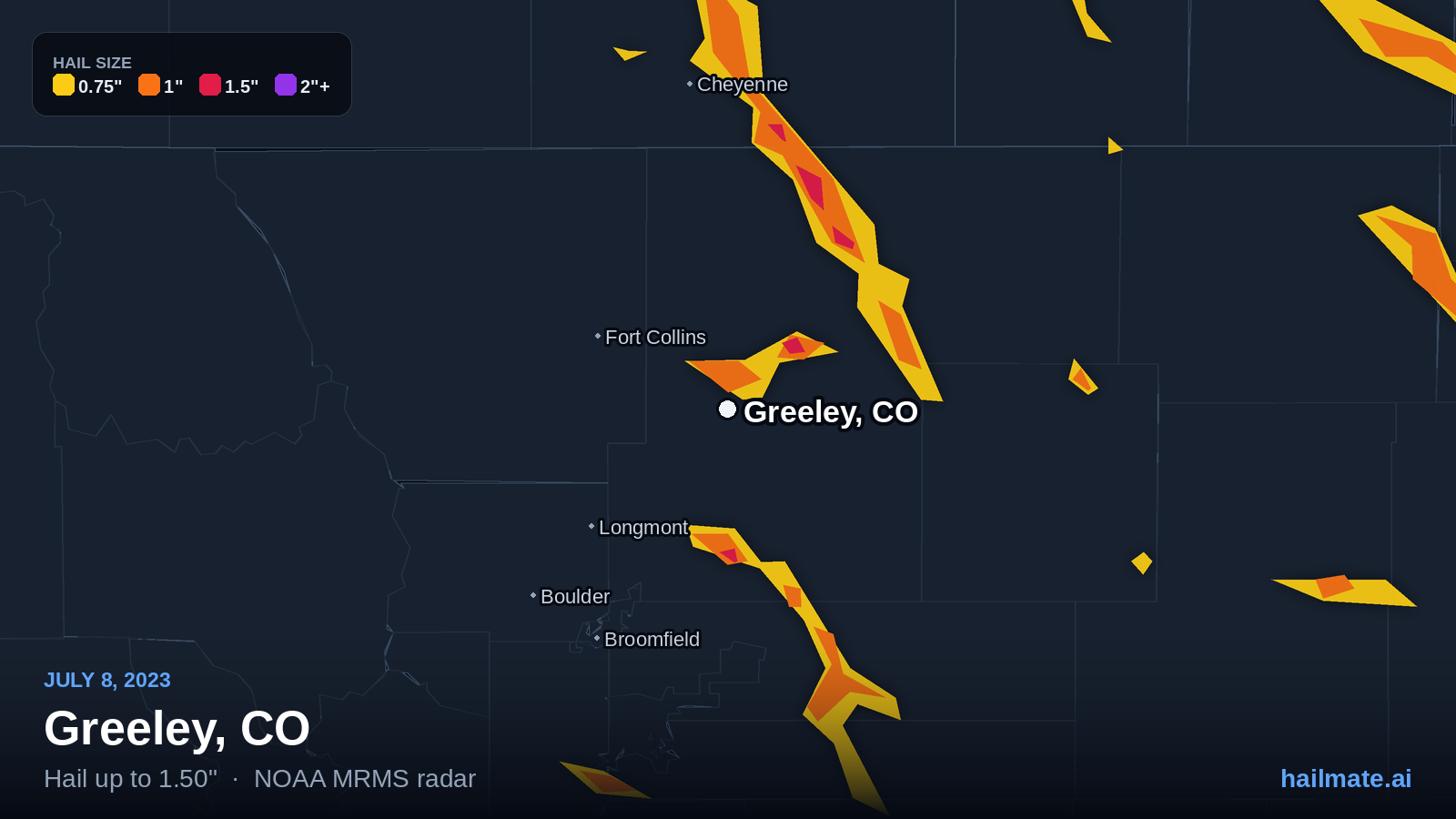 Hail swath map for Greeley, CO on July 8, 2023 showing 1.50 inch hail.