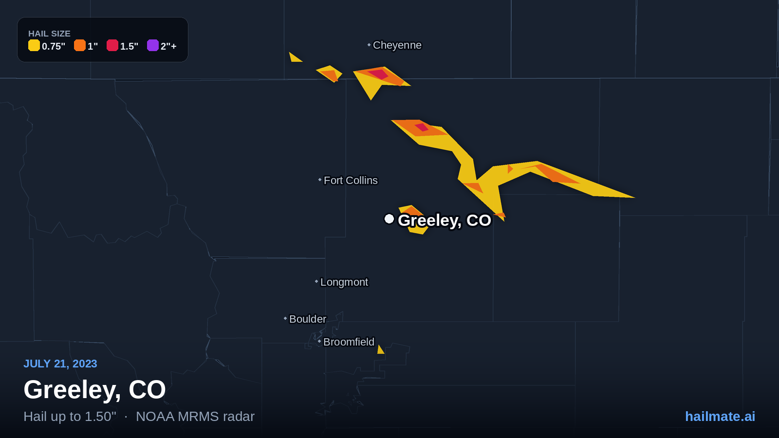 Hail swath map for Greeley, CO on July 21, 2023 showing 1.50 inch hail.